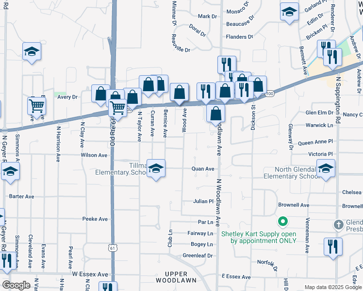 map of restaurants, bars, coffee shops, grocery stores, and more near 331 Oakley Lane in Kirkwood