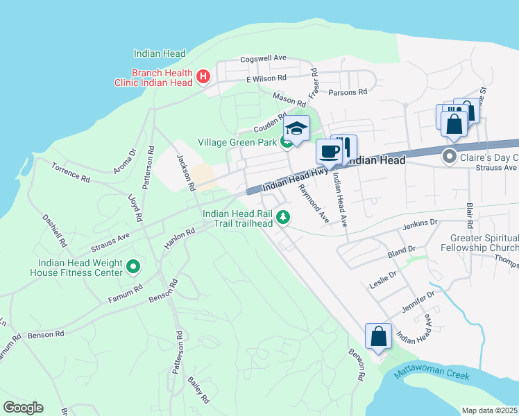 map of restaurants, bars, coffee shops, grocery stores, and more near 8 Mattingly Avenue in Indian Head
