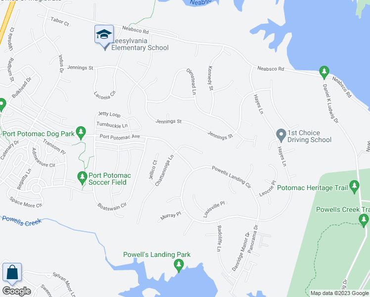 map of restaurants, bars, coffee shops, grocery stores, and more near 16339 Sandy Ridge Court in Woodbridge