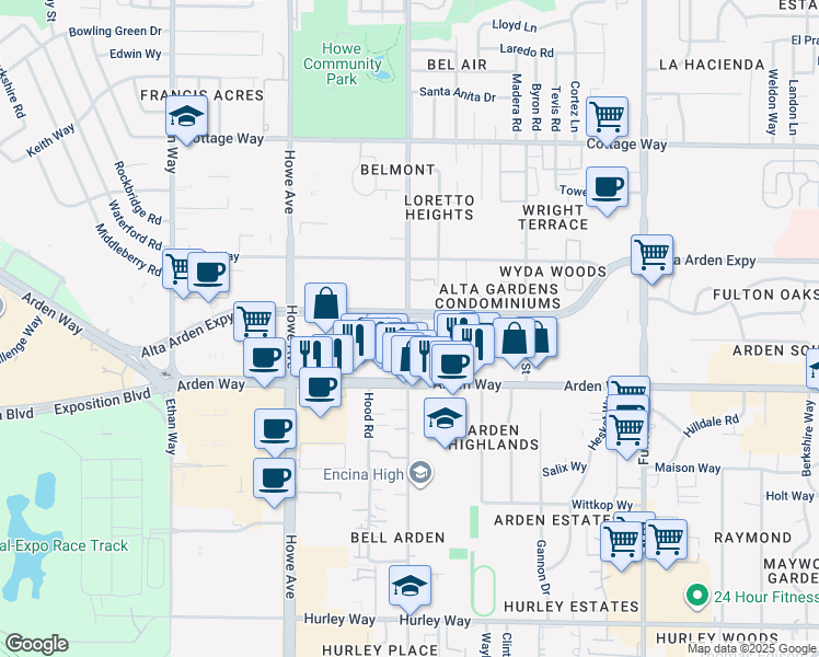 map of restaurants, bars, coffee shops, grocery stores, and more near 1752 Bell Street in Sacramento