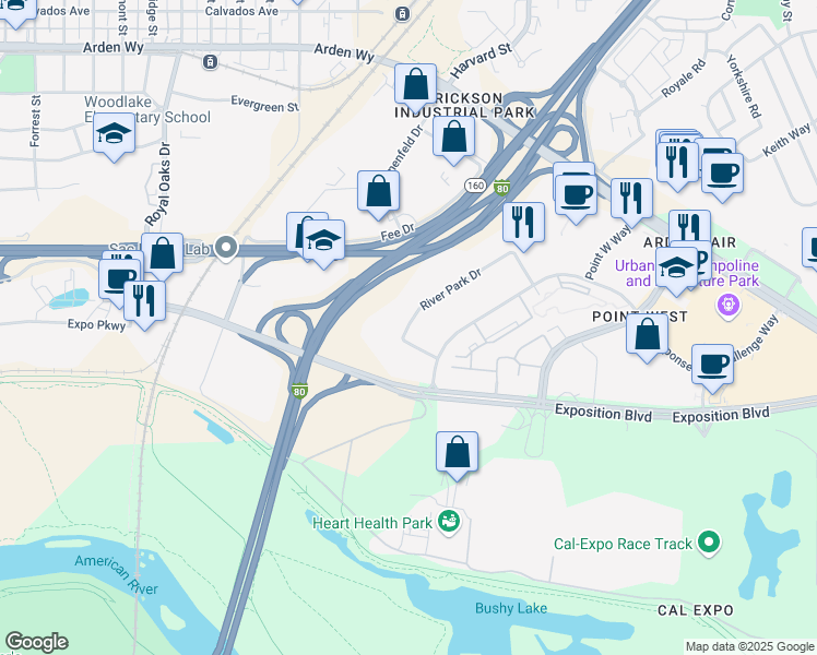 map of restaurants, bars, coffee shops, grocery stores, and more near 1435-1445 River Park Drive in Sacramento