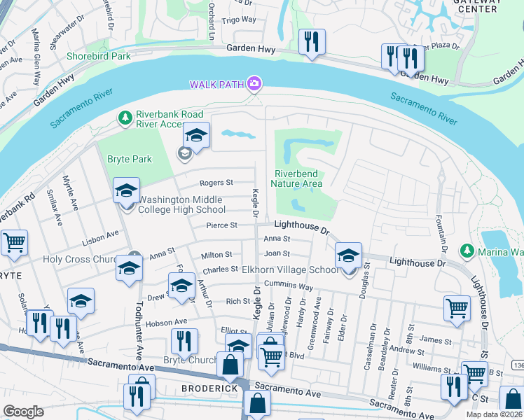 map of restaurants, bars, coffee shops, grocery stores, and more near 525 Westlake Drive in West Sacramento