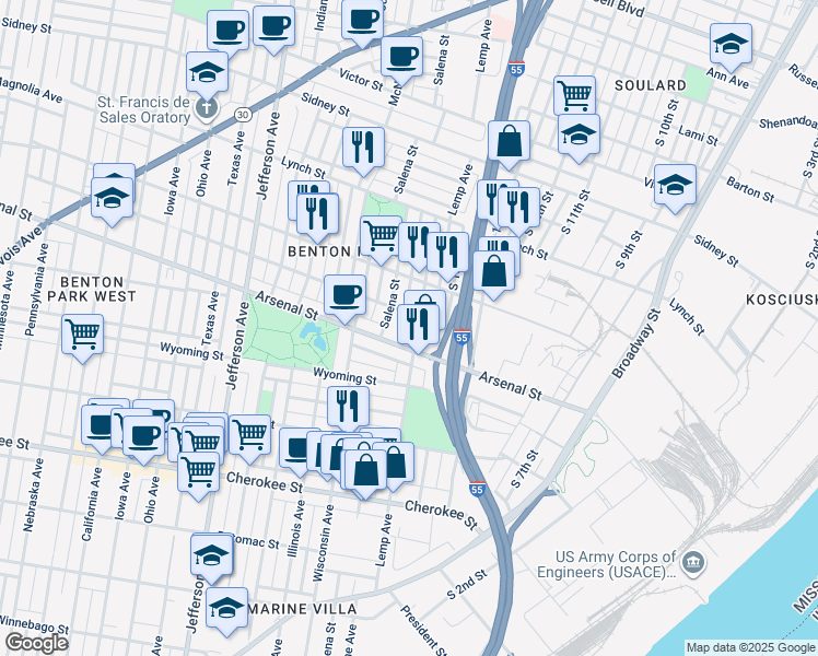 map of restaurants, bars, coffee shops, grocery stores, and more near 3002 Lemp Avenue in St. Louis