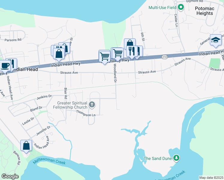 map of restaurants, bars, coffee shops, grocery stores, and more near 85 Woodland Drive in Indian Head
