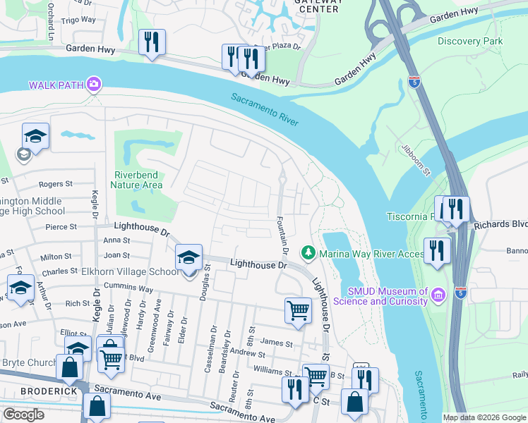 map of restaurants, bars, coffee shops, grocery stores, and more near 460 Regatta Lane in West Sacramento