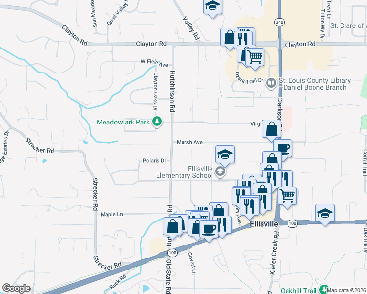 map of restaurants, bars, coffee shops, grocery stores, and more near 1442 Marsh Avenue in Ellisville