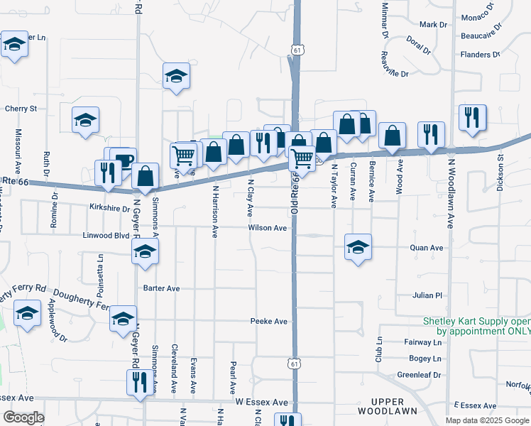 map of restaurants, bars, coffee shops, grocery stores, and more near 136 West Sarah Avenue in Kirkwood
