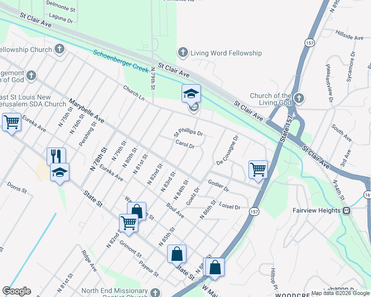 map of restaurants, bars, coffee shops, grocery stores, and more near 8224 Carol Drive in East St. Louis