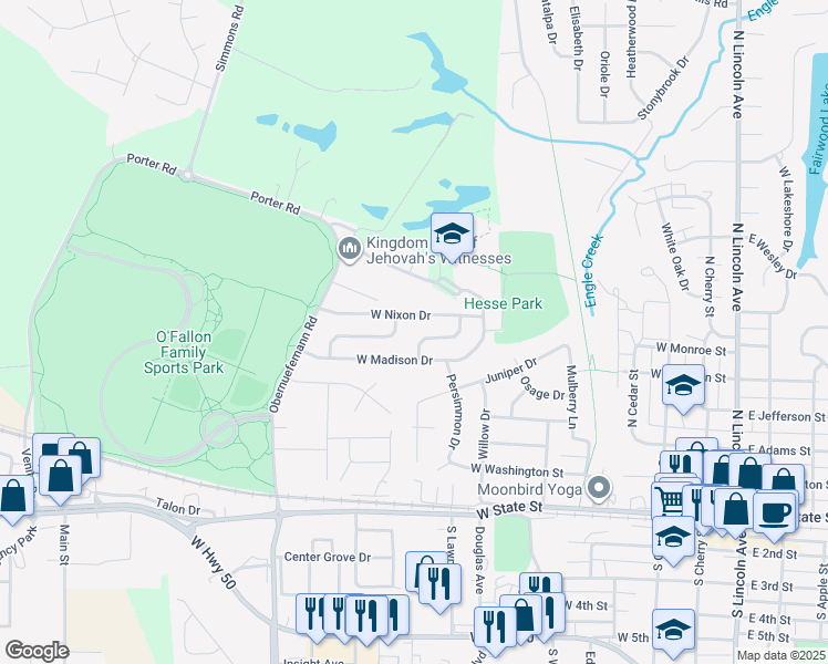 map of restaurants, bars, coffee shops, grocery stores, and more near 609 Linden Court in O'Fallon
