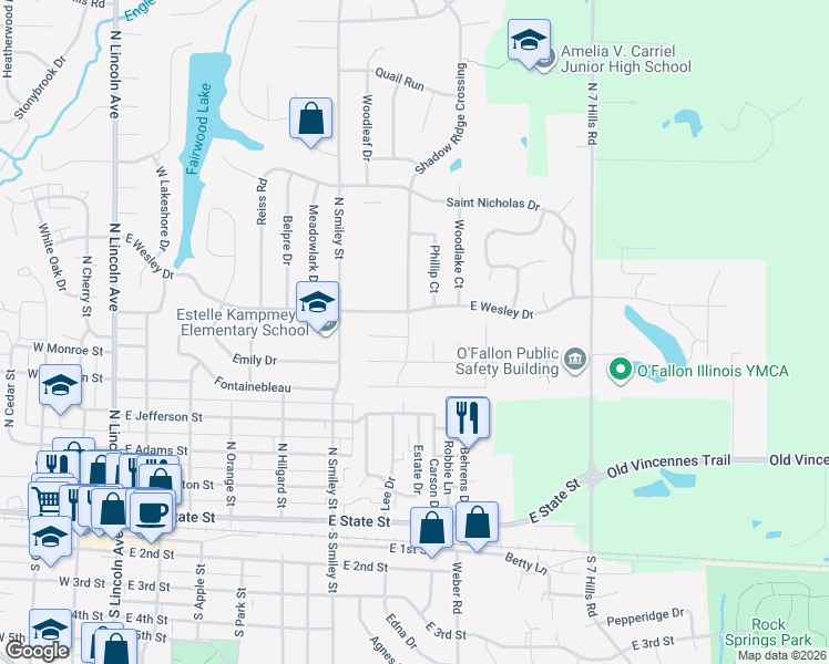 map of restaurants, bars, coffee shops, grocery stores, and more near 808 Shadow Ridge Crossing in O'Fallon