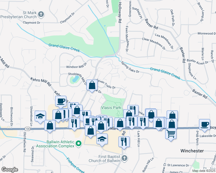 map of restaurants, bars, coffee shops, grocery stores, and more near 171 Auld Spanish Court in Ballwin