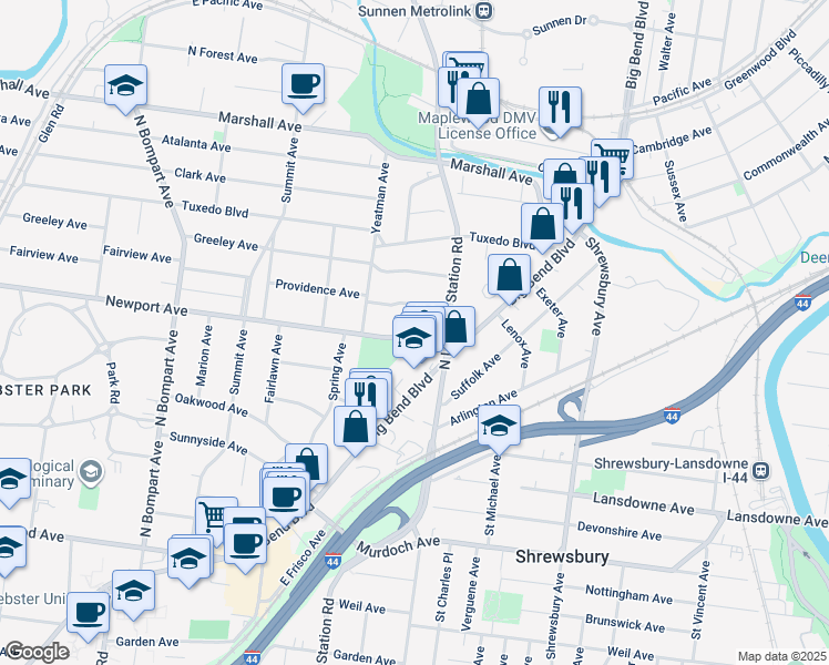 map of restaurants, bars, coffee shops, grocery stores, and more near 947 Newport Avenue in Webster Groves