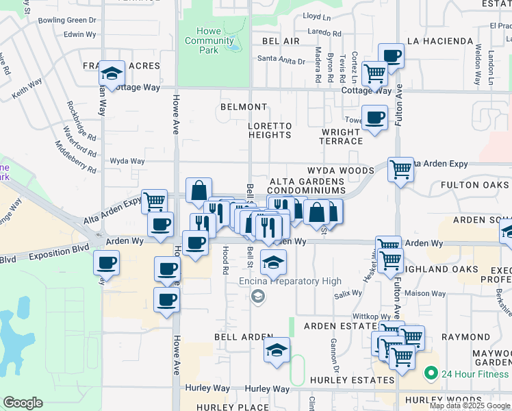 map of restaurants, bars, coffee shops, grocery stores, and more near 1752 Bell Street in Sacramento