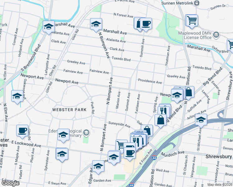 map of restaurants, bars, coffee shops, grocery stores, and more near 414 North Bompart Avenue in Webster Groves