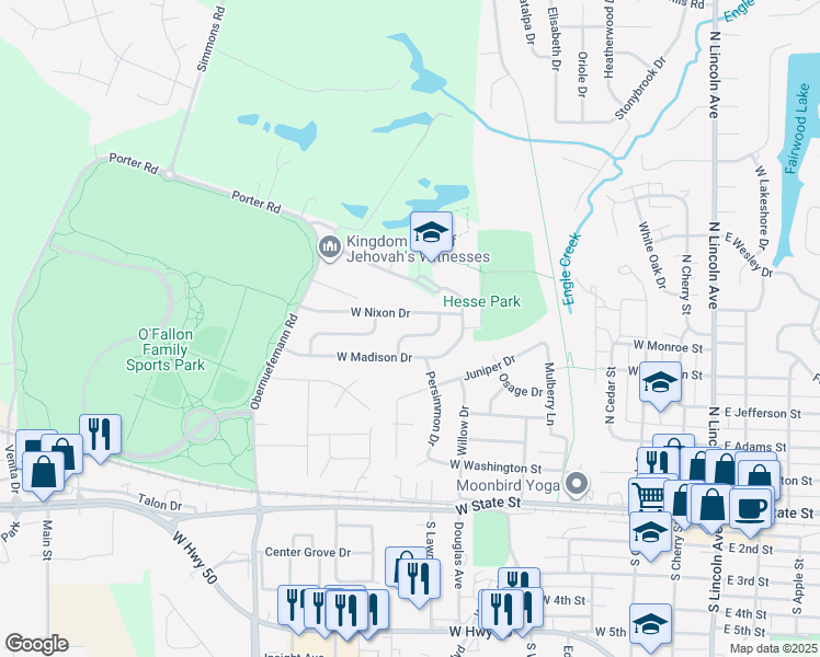 map of restaurants, bars, coffee shops, grocery stores, and more near 609 Linden Court in O'Fallon