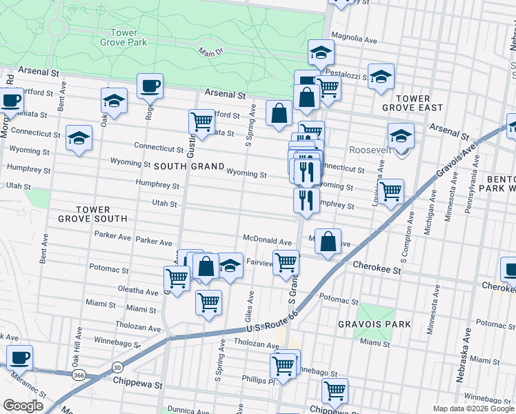 map of restaurants, bars, coffee shops, grocery stores, and more near 3707 North Utah Place in St. Louis