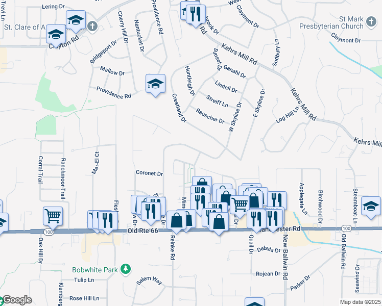 map of restaurants, bars, coffee shops, grocery stores, and more near 222 Hillsdale Dr in Ballwin