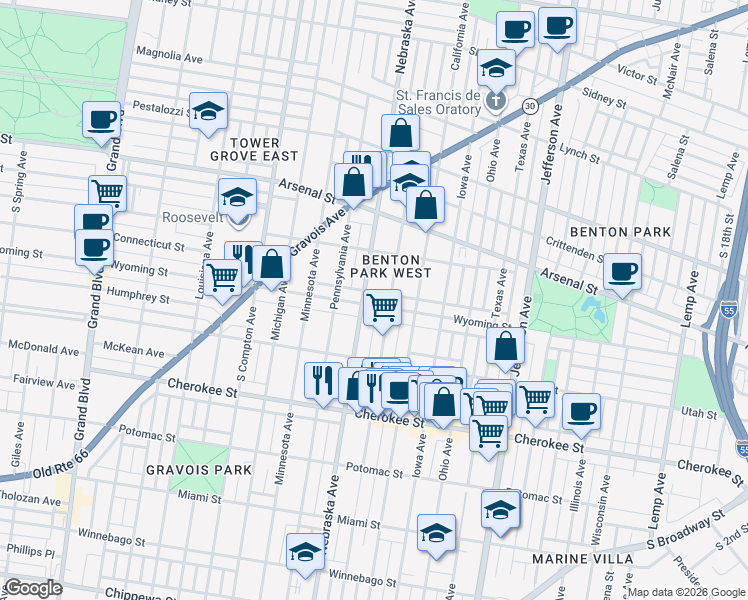 map of restaurants, bars, coffee shops, grocery stores, and more near 2845 Wyoming Street in St. Louis