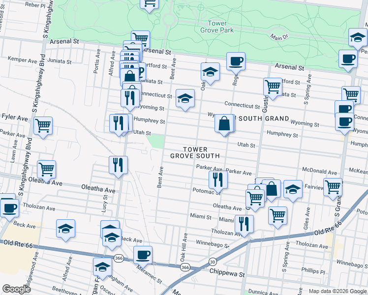 map of restaurants, bars, coffee shops, grocery stores, and more near in St. Louis