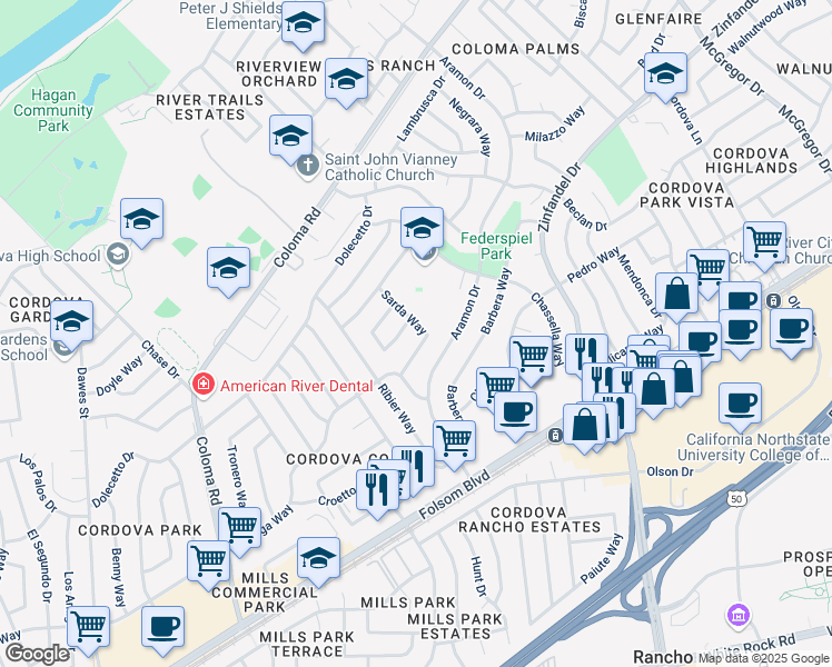 map of restaurants, bars, coffee shops, grocery stores, and more near 2537 Sarda Way in Rancho Cordova
