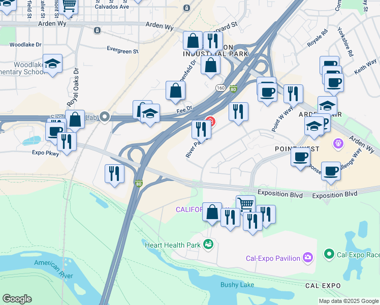 map of restaurants, bars, coffee shops, grocery stores, and more near 1445 River Park Drive in Sacramento