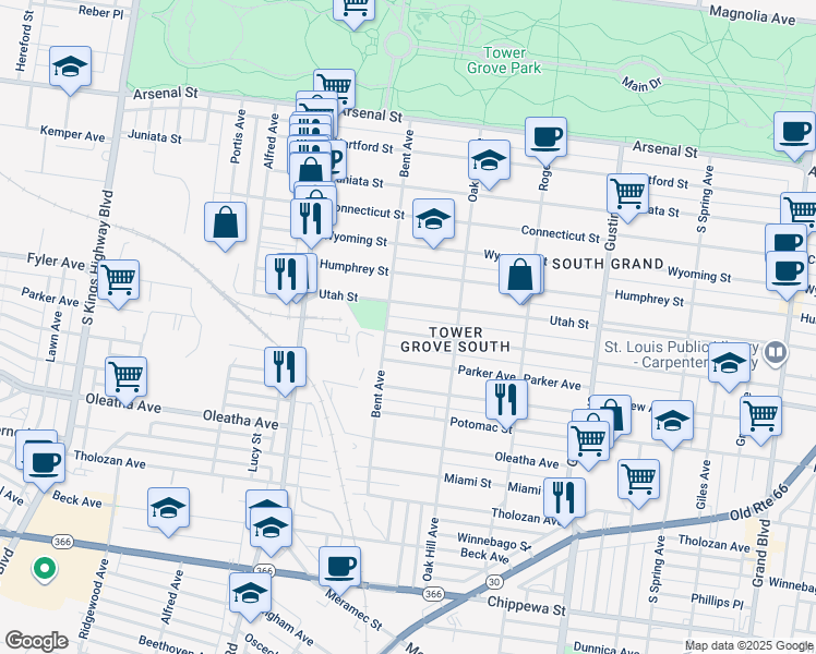 map of restaurants, bars, coffee shops, grocery stores, and more near 4153 McDonald Avenue in St. Louis