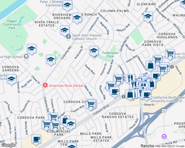 map of restaurants, bars, coffee shops, grocery stores, and more near 2537 Sarda Way in Rancho Cordova