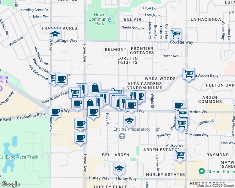 map of restaurants, bars, coffee shops, grocery stores, and more near 2293 Eden Roc Lane in Sacramento