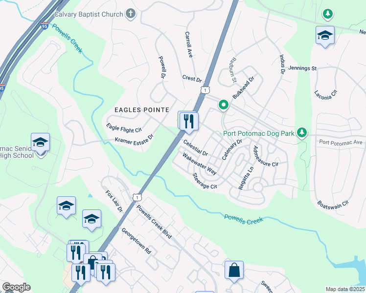 map of restaurants, bars, coffee shops, grocery stores, and more near 2737 Celestial Drive in Woodbridge