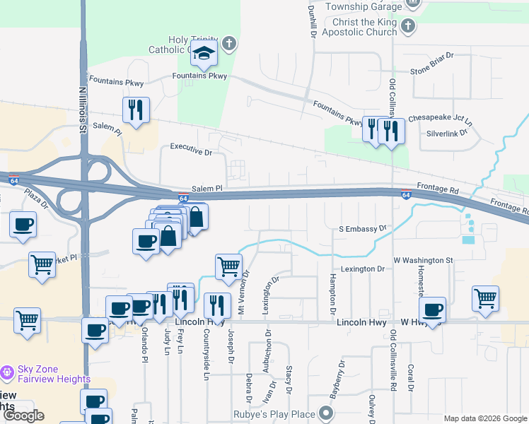 map of restaurants, bars, coffee shops, grocery stores, and more near 120 Mount Vernon Drive in Fairview Heights
