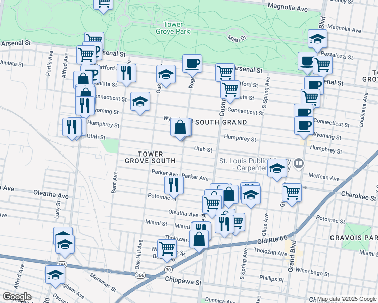 map of restaurants, bars, coffee shops, grocery stores, and more near 4002 Utah Street in St. Louis