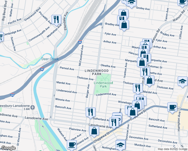 map of restaurants, bars, coffee shops, grocery stores, and more near in St. Louis