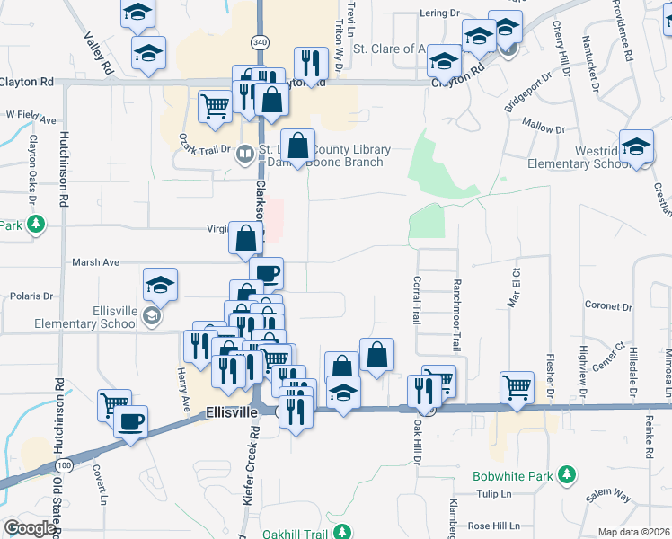 map of restaurants, bars, coffee shops, grocery stores, and more near 1210 Marsh Avenue in Ellisville
