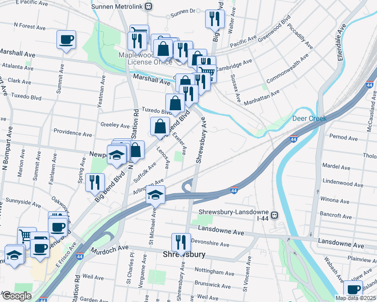 map of restaurants, bars, coffee shops, grocery stores, and more near 4112 Exeter Avenue in St. Louis