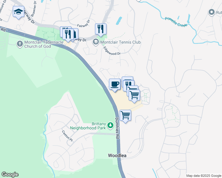 map of restaurants, bars, coffee shops, grocery stores, and more near 4249 Stockbridge Drive in Dumfries