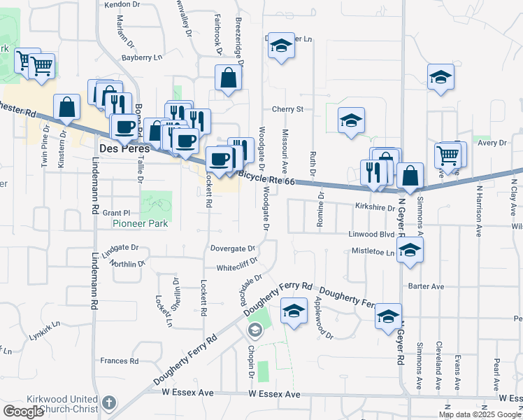 map of restaurants, bars, coffee shops, grocery stores, and more near 1029 Woodgate Dr in St Louis