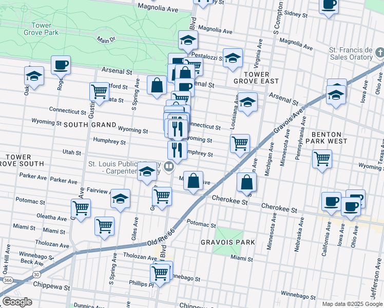 map of restaurants, bars, coffee shops, grocery stores, and more near 3516 Humphrey Street in St. Louis