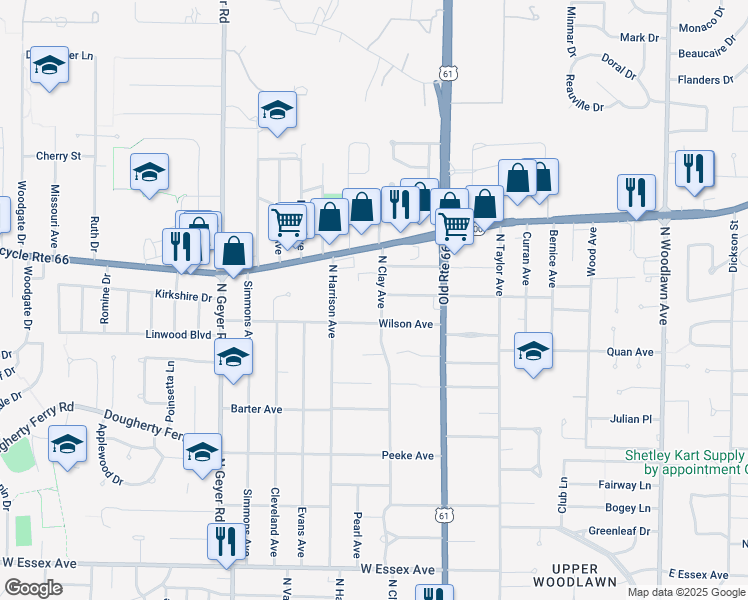 map of restaurants, bars, coffee shops, grocery stores, and more near 1021 North Clay Avenue in Kirkwood