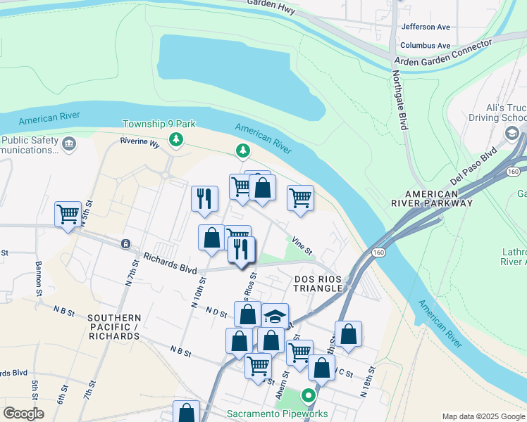 map of restaurants, bars, coffee shops, grocery stores, and more near 1099 Vine Street in Sacramento