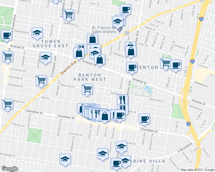 map of restaurants, bars, coffee shops, grocery stores, and more near 3164 Iowa Avenue in St. Louis