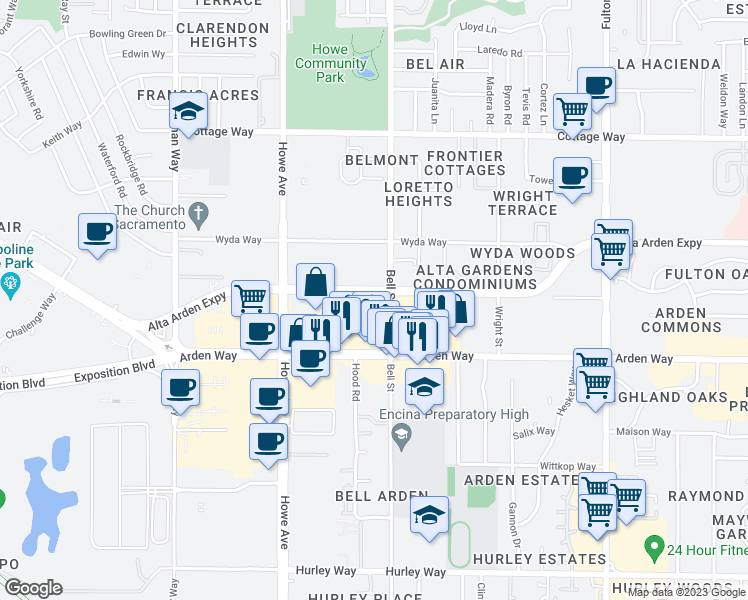 map of restaurants, bars, coffee shops, grocery stores, and more near 2293 Eden Roc Lane in Sacramento