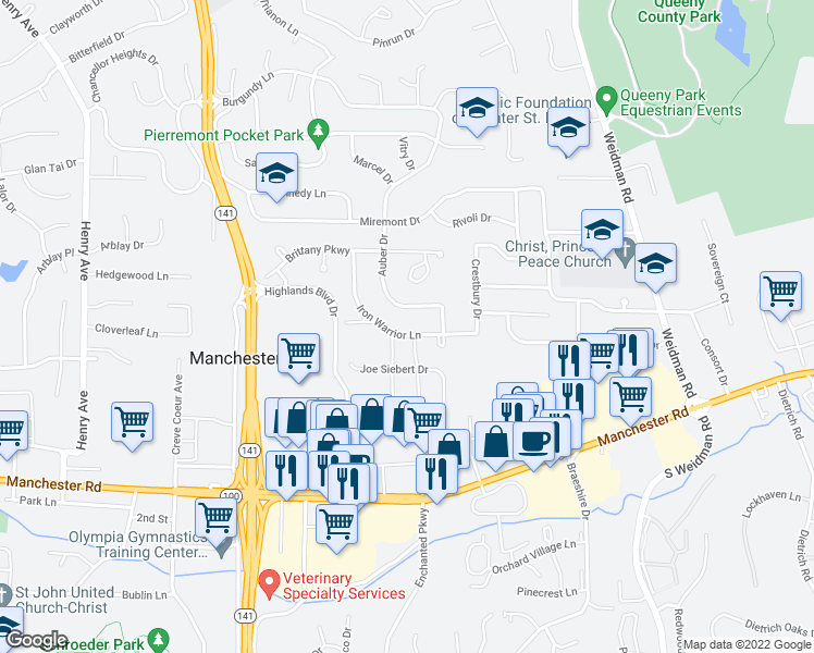 map of restaurants, bars, coffee shops, grocery stores, and more near 1205 Iron Warrior Lane in Ballwin