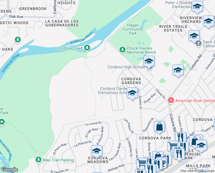 map of restaurants, bars, coffee shops, grocery stores, and more near 10217 Agnes Cir in Rancho Cordova