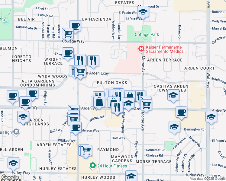 map of restaurants, bars, coffee shops, grocery stores, and more near 2860 Anderson Way in Sacramento