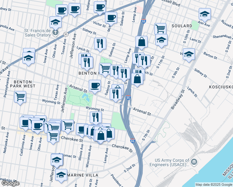 map of restaurants, bars, coffee shops, grocery stores, and more near 3002 Lemp Avenue in St. Louis