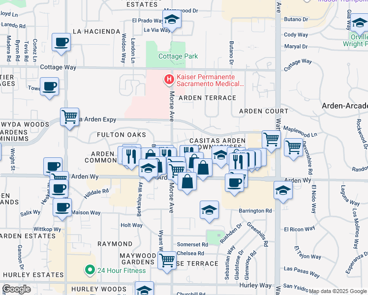 map of restaurants, bars, coffee shops, grocery stores, and more near 3144 Vía Grande in Sacramento