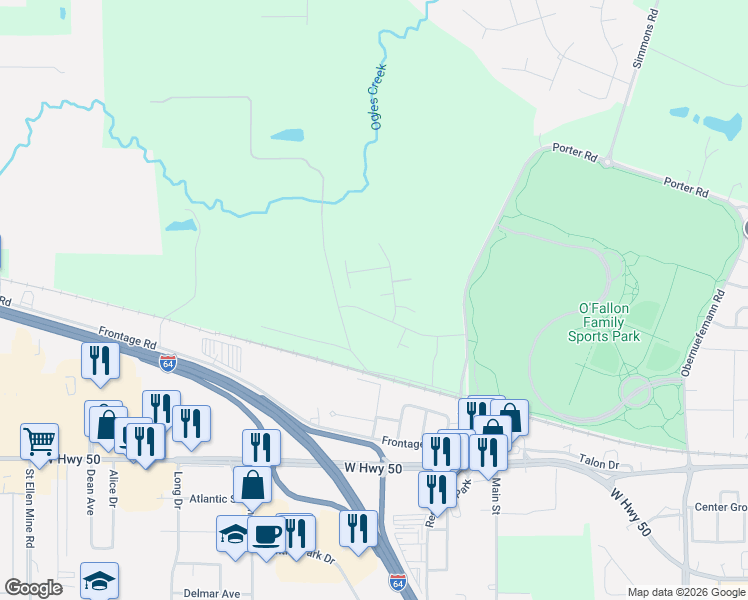 map of restaurants, bars, coffee shops, grocery stores, and more near 1237 Belclare Court in O'Fallon