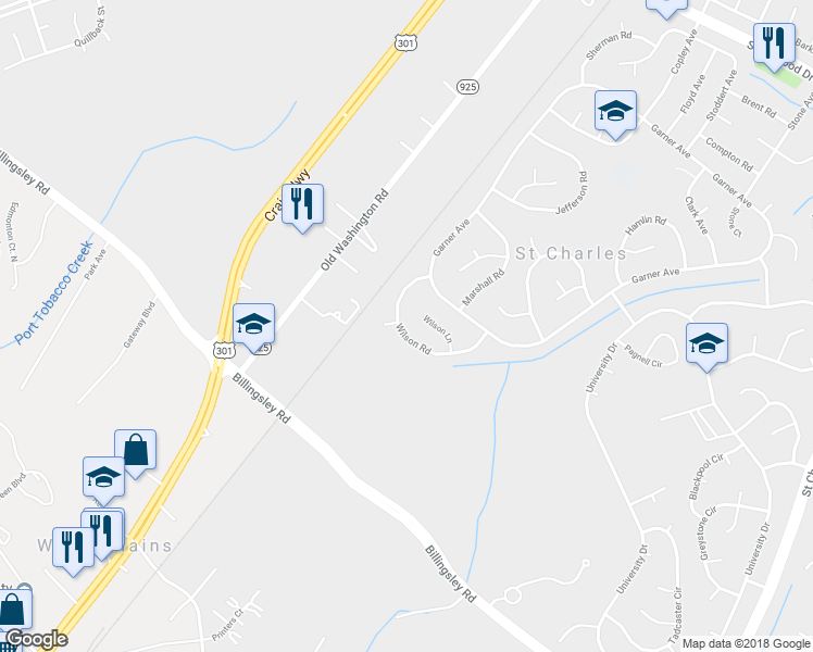 map of restaurants, bars, coffee shops, grocery stores, and more near 1324 Wilson Road in Waldorf