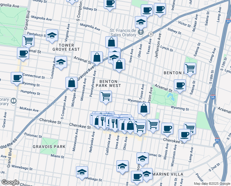 map of restaurants, bars, coffee shops, grocery stores, and more near 3171 California Avenue in St. Louis