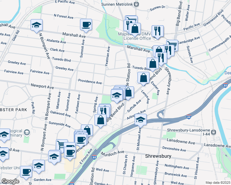map of restaurants, bars, coffee shops, grocery stores, and more near 947 Newport Avenue in Webster Groves